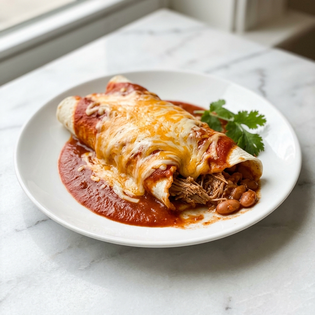 5 Ingredient Beef Enchiladas Recipe 6 Large white ceramic baking dish filled with a full batch of cheese enchiladas, tightly rolled tortillas covered evenly with melted golden four-cheese Mexican blend, rich tomato enchilada sauce peeking through around the edges, whole dish presented on white marble countertop, natural lighting highlighting the creamy texture and gooey cheese, professional food magazine hero shot, photo taken with an iphone --ar 4:5 --v 7