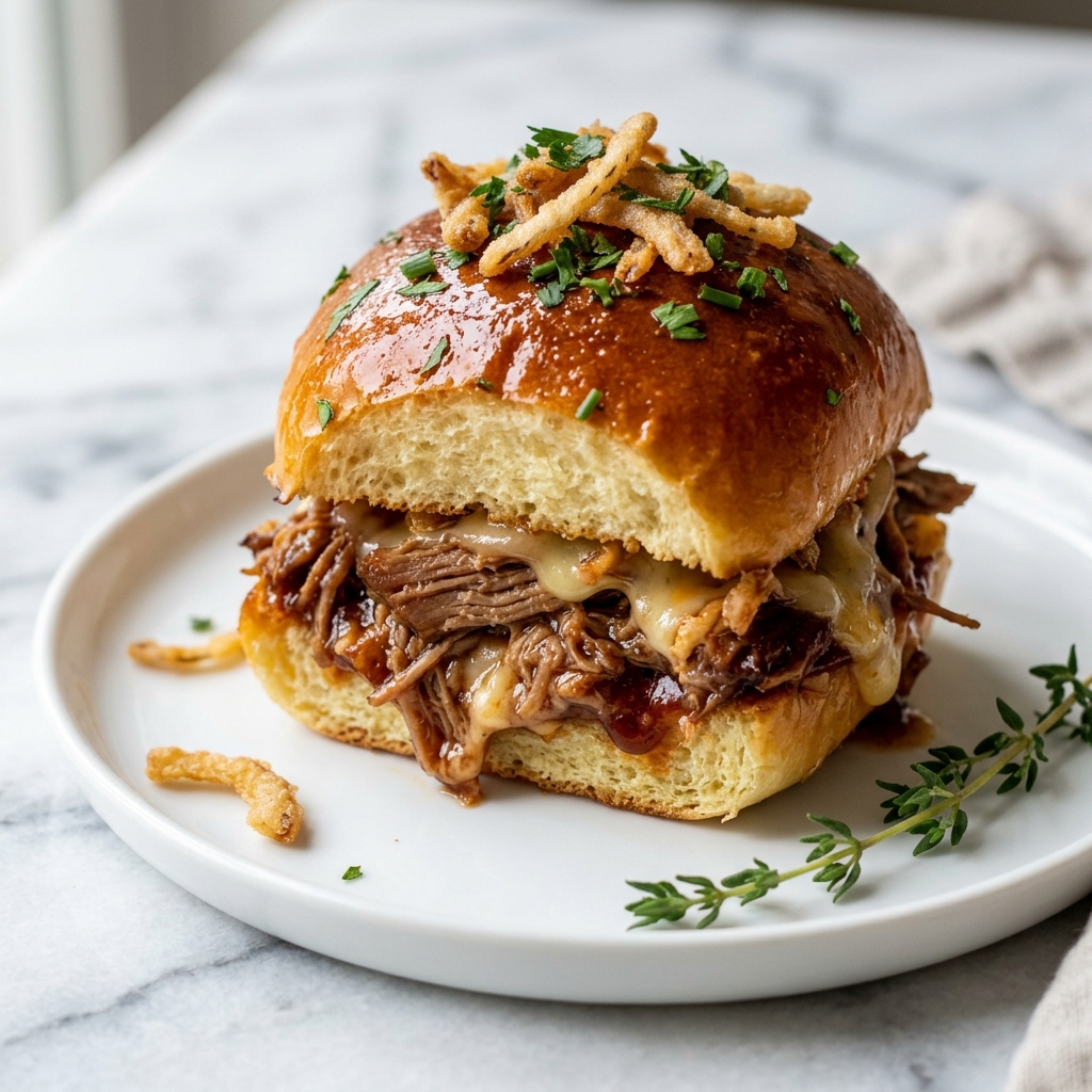Easy French Dip Sliders Recipe 6 Clear rectangular baking dish filled with a full batch of golden-brown baked slider sandwiches, topped with twelve soft, shiny buns sprinkled with crunchy toasted onions, edges showing melted cheese and layers of savory fillings inside each slider, presented on a white marble countertop with natural light highlighting the warm, inviting tones, professional food magazine style hero shot photo taken with an iphone --ar 4:5 --v 7