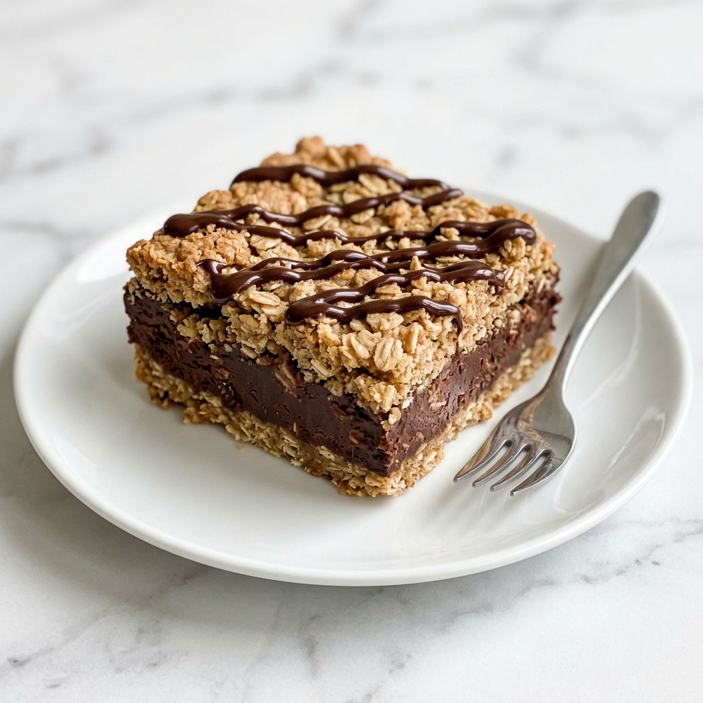 No Bake Chocolate Oatmeal Bars Recipe 6 Large white rectangular baking pan filled with a whole batch of rich chocolate oat bars, featuring thick, fudgy chocolate layers embedded in a golden, crumbly oat crust, topped with drizzles of glossy melted chocolate and scattered oat flakes, neatly arranged and uncut, photographed from a slight 3/4 angle on a white marble surface with natural lighting, styled like a hero shot from a professional food magazine, photo taken with an iphone --ar 4:5 --v 7