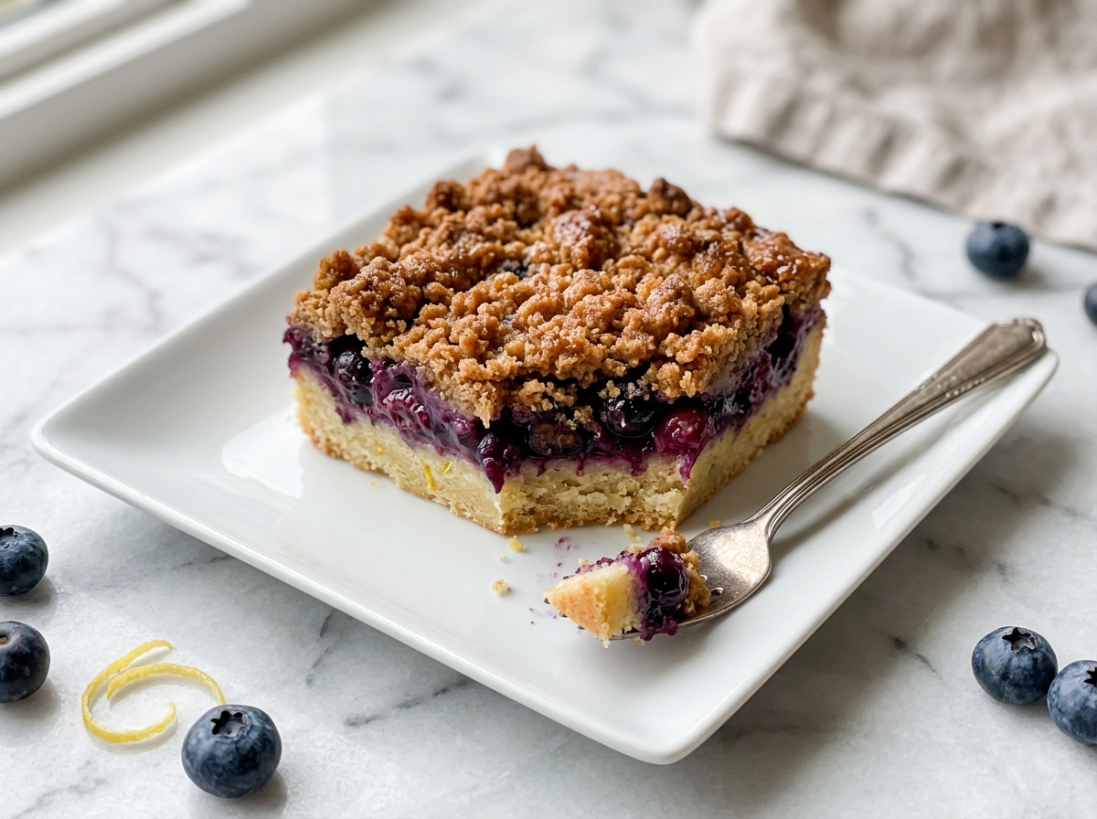 Blueberry Lemon Pie Bars Recipe 6 Full rectangular white baking dish filled with lemon blueberry crumb bars featuring an even golden crumb topping dotted with plump blueberries and specks of lemon zest, presented whole with fresh lemons placed beside the dish for a fresh touch, shot from a 3/4 angle against a white marble background with natural lighting, styled like a professional food magazine hero shot, photo taken with an iphone --ar 4:5 --v 7