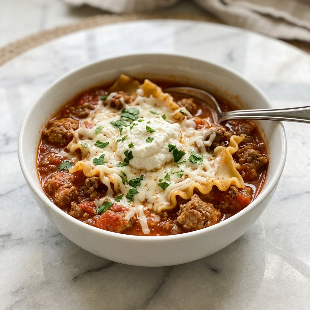 Easy Lasagna Soup Recipe 6 Large white enameled pot filled with hearty Italian-style soup featuring farfalle pasta, browned ground meat, diced tomatoes, and fresh parsley sprinkled on top, rich red tomato broth visibly thick and savory, accompanied by small bowls of grated Parmesan cheese and chopped herbs on a white marble countertop, natural lighting enhancing the vibrant colors, professional food styling photo taken with an iphone --ar 4:5 --v 7